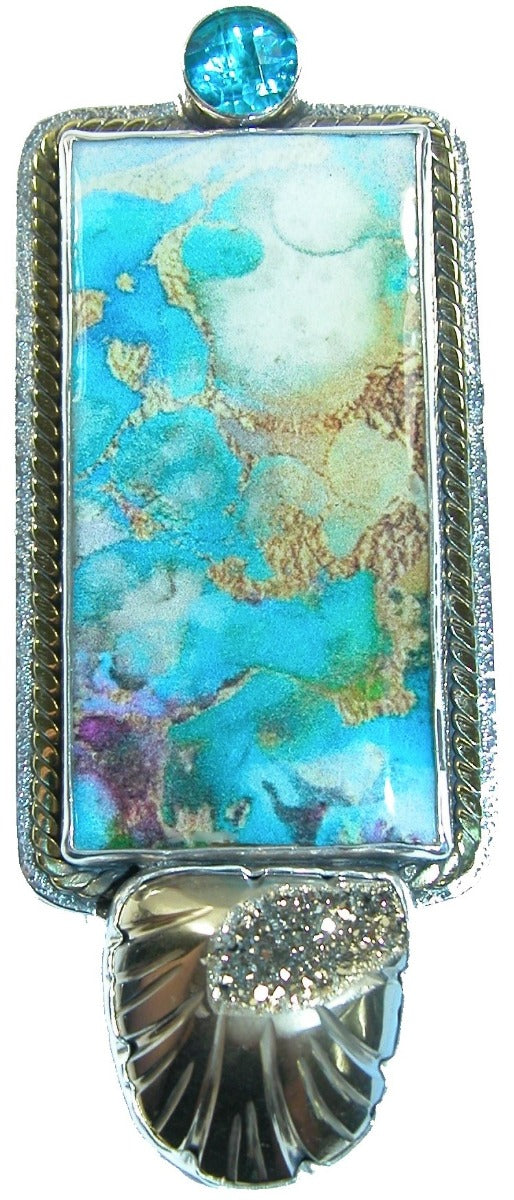 Handmade Tile Gold clad Titanium Drusy Window Drusy Quartz Sterling Silver Pin Pedant