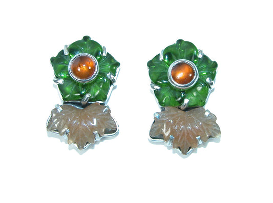 31674 Carved Flower Hessonite Sterling Silver Earrings