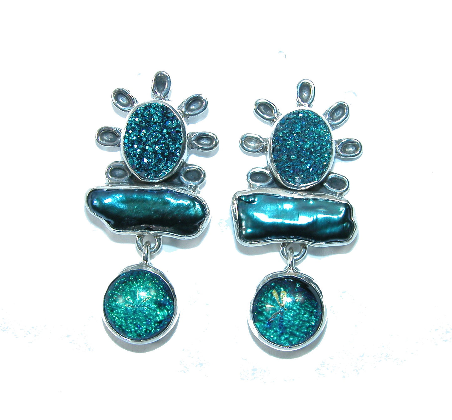 31675 Titanium Coated Drusy, Freshwater Pearl, Dichroic Glass Sterling Silver Earrings