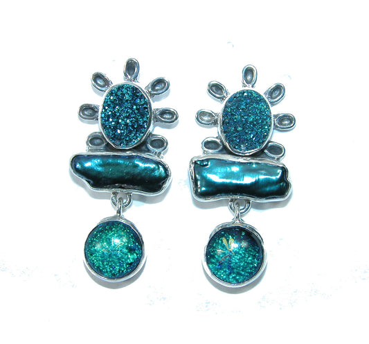 31675 Titanium Coated Drusy, Freshwater Pearl, Dichroic Glass Sterling Silver Earrings