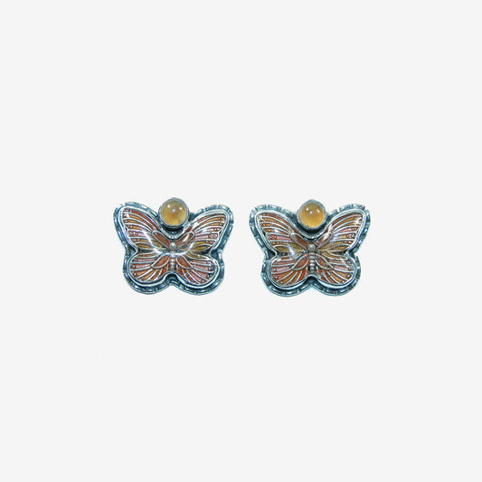 31676 Hessonite, Hand-Enameled Butterfly Sterling Silver Earrings