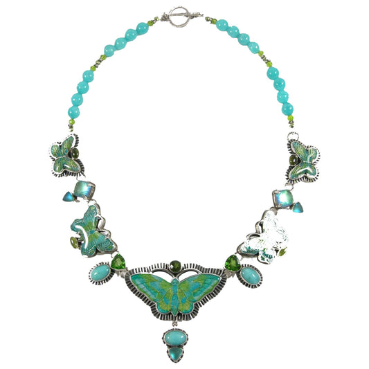 Hand Enameled Butterfly Necklace Turquoise Beaded Sterling Silver Toggle Necklace