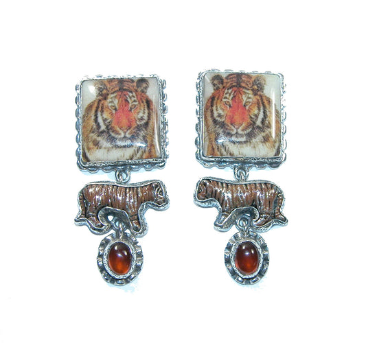 31677C Hand Made Tiger Tile with Hand Enameled Tiger and Carnelian Dangle Sterling Silver Earrings