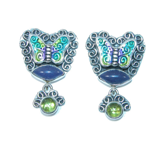 Vesuvianite, Lapis Lazuli and Hand Enameled Butterfly Sterling Silver Earrings