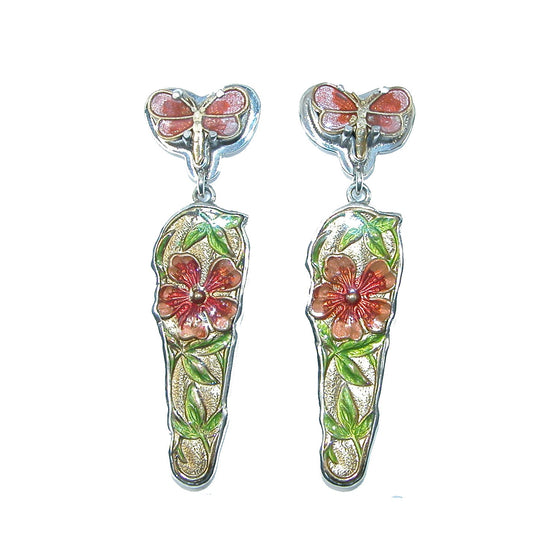 31679A Orange Hand Enameled Dragonfly Floral Vermeil Sterling Silver Earrings