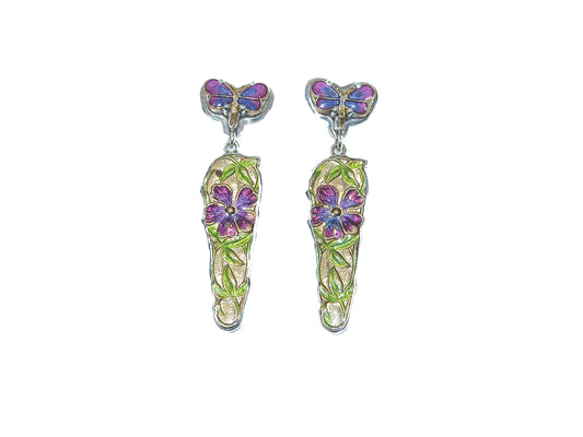 31679B Purple Hand Enameled Dragonfly Floral Vermeil Sterling Silver Earrings