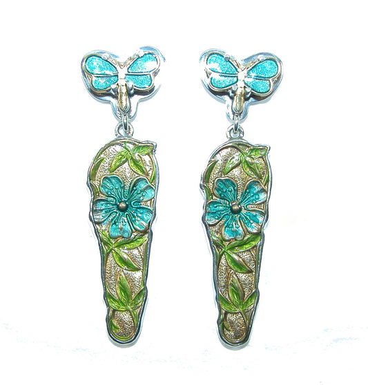 31679 Teal Hand Enameled Dragonfly Floral with Vermeil Sterling Silver Earrings