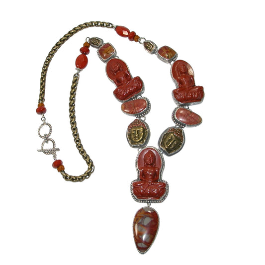 Zen Carved Carnelian, Jasper Beaded Sterling Silver Necklace