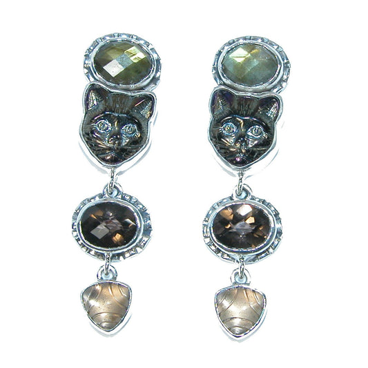 Labradorite, Carved Cat Face Sterling Silver Earrings