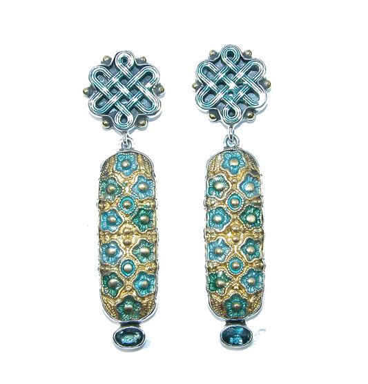 31683 Blue Topaz, Hand Enameled Floral, Sterling Silver Earrings