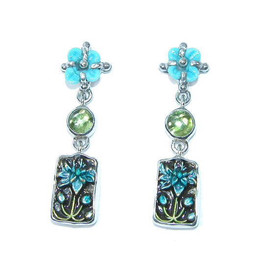 31684 Peridot, Glass Flower, Enameled, Sterling Silver Earrings