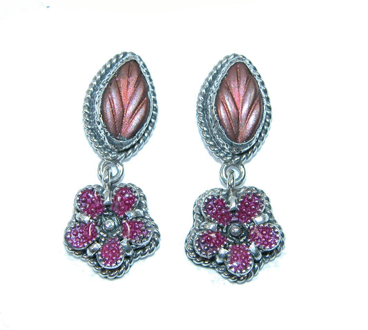 31691 Czech Glass, Hand Enameling Flower Sterling Silver Earrings