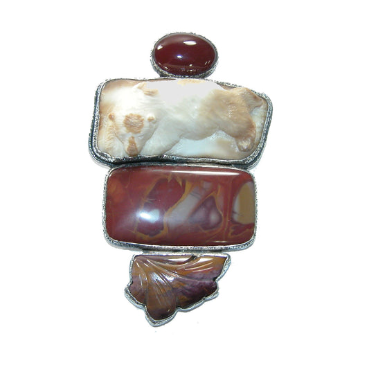 31695 Hand Carved Fossil, Carnelian, Jasper Bear Sterling Silver Pin and Pendant