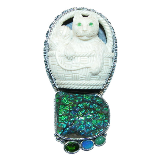 Carved Cat Opal Sterling Silver Pin Pendant
