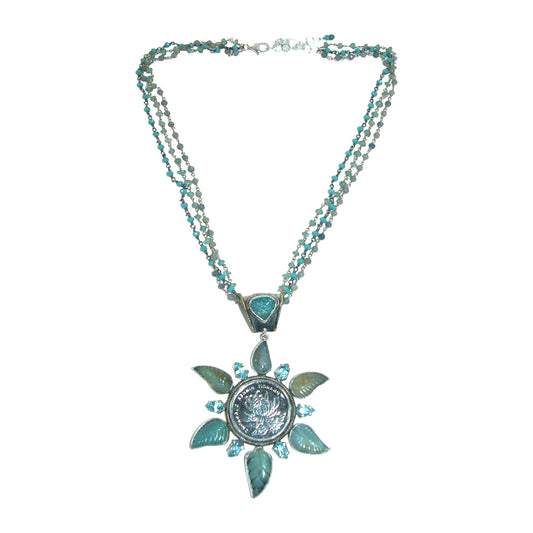 31697 Carved Blue Opal, Collectors Coin, Blue Topaz Sterling Silver Pendant Necklace