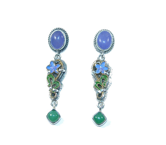 31698 Purple Quartz and Chrysoprase Hand Enameled Floral Sterling Silver Dangle Earrings