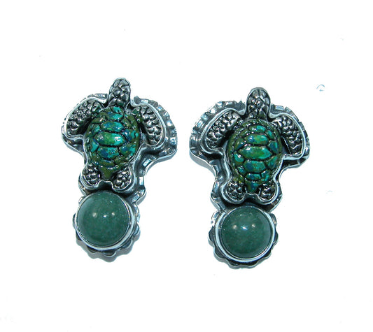 31707 Green Aventurine with Hand Enameled Sea Turtles Sterling Silver Earrings
