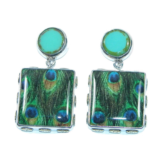 31708 Glass, Handmade Tile Peacock Sterling Silver Earrings