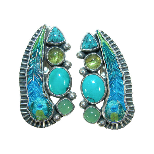 31709 Hand Enameling Feather, Peridot, Turquoise Sterling Silver Earrings