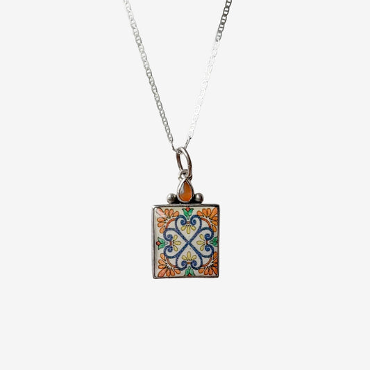 31716A Hessonite, Floral Motif Handmade Tile Pendant