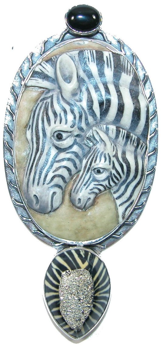 Hand Carved Zebra Titanium clad Window Drusy Sterling Silver
