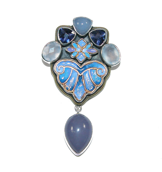 31737 Chalcedony, Celestial Quartz, Agate, Hand Enameling Sterling Silver Pin Pendant