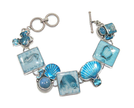 31738 Blue Topaz, Hand Enameling Shells, Sealife Sterling Silver Bracelet