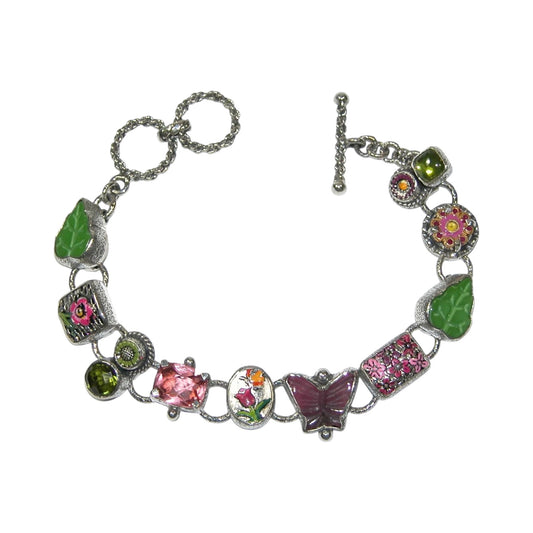 Enamel Flowers Glass Butterfly Rose Quartz Peridot Sterling Silver Bracelet