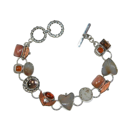 30830 Rutilated Quartz Drusy Carnelian Agathe Carved Leaf Amber Sterling Silver Bracelet