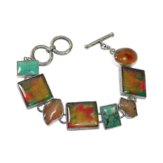 29933 Handmade Tile Turquoise Amber Sterling Silver Bracelet