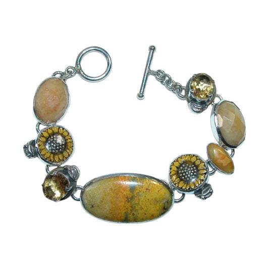 Bumble Bee Jasper Citrine Yellow Jade Sunflower Enamel Sterling Silver Bracelet