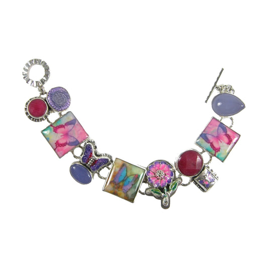 Enamel Butterfly and Flowers with Chalcedony Sterling Silver Bracelet