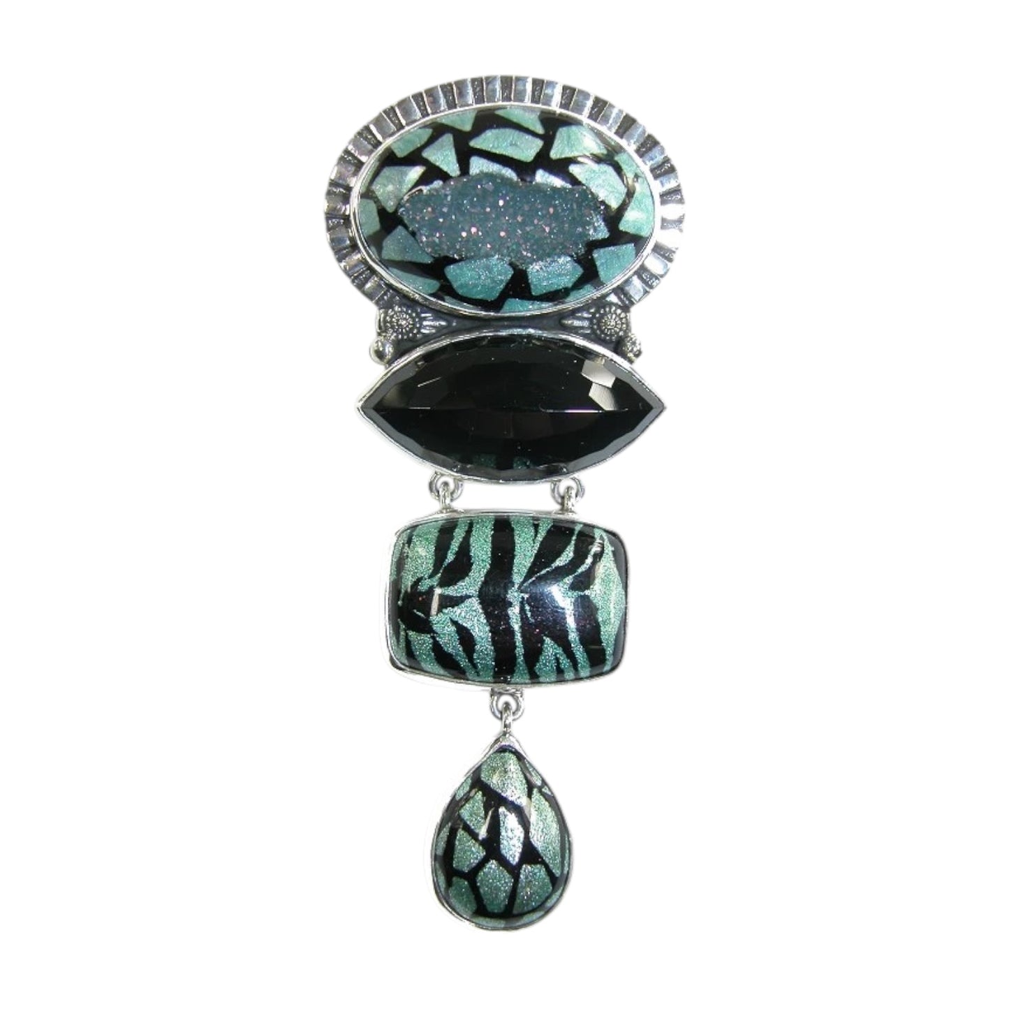 10647 Black Onyx and Agate Animal Print Sterling Silver Pin and Pendant