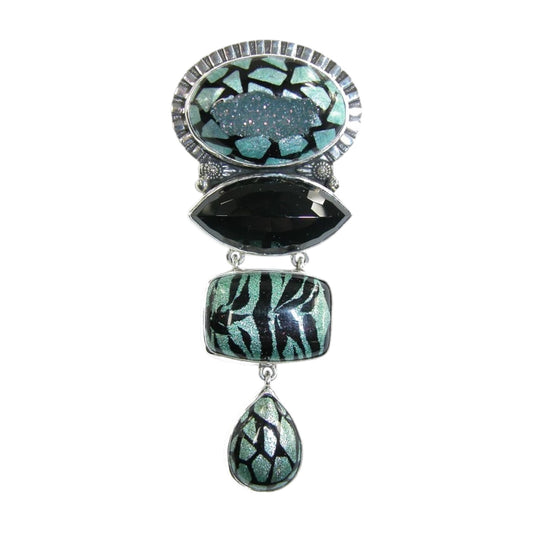 10647 Black Onyx and Agate Animal Print Sterling Silver Pin and Pendant