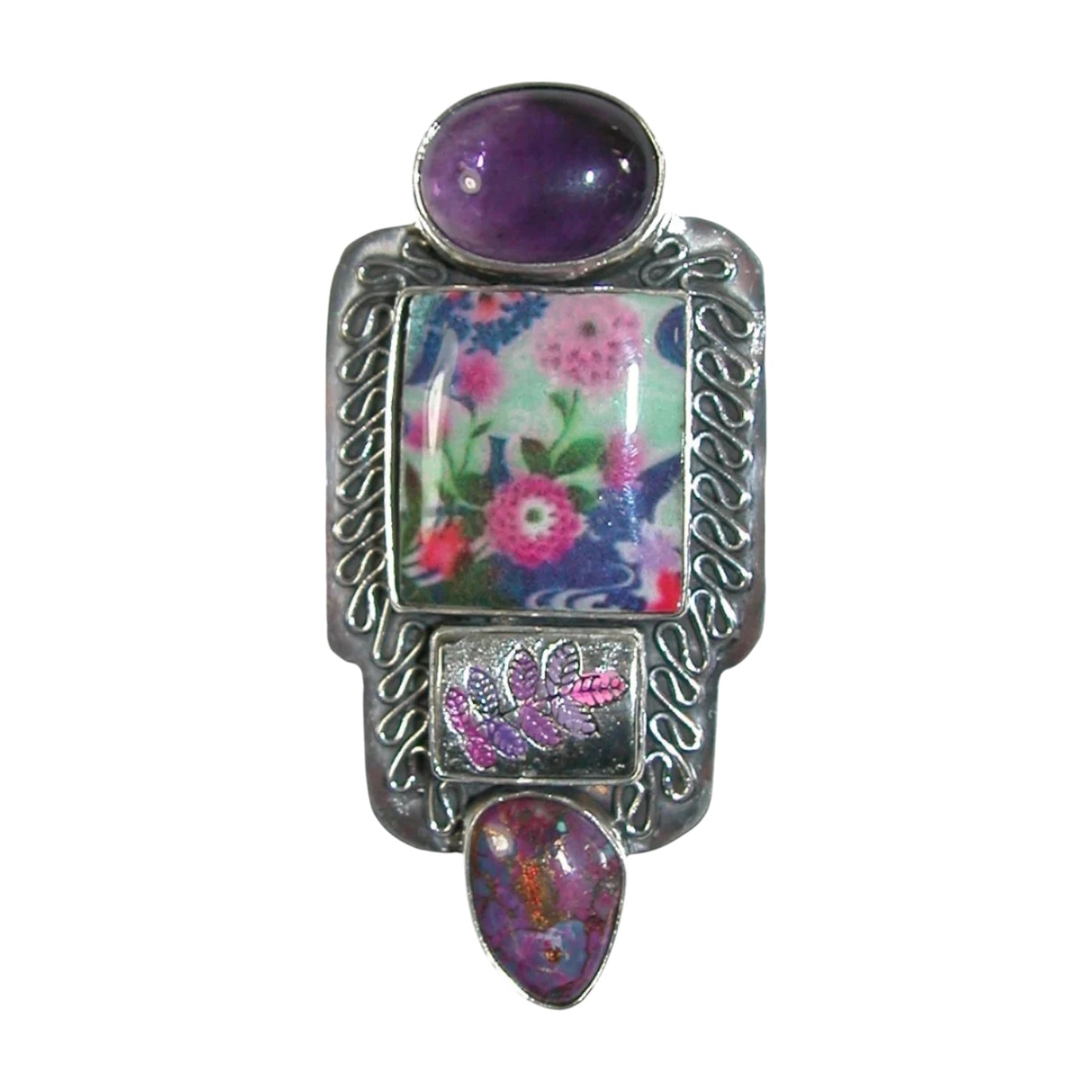20046 Amethyst Purple Turquoise Flower Tile Sterling Silver Pin and Pendant