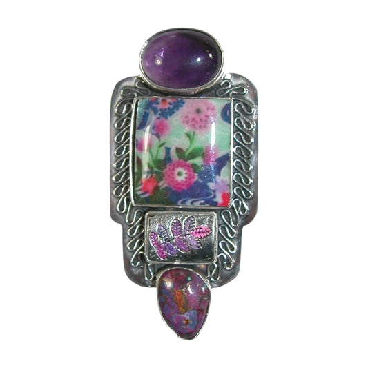 20046 Amethyst Purple Turquoise Flower Tile Sterling Silver Pin and Pendant