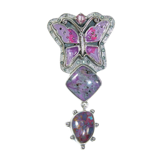 30490 Sugilite, Purple Turquoise, Hand Enameled Butterfly Sterling Silver Pin and Pendant