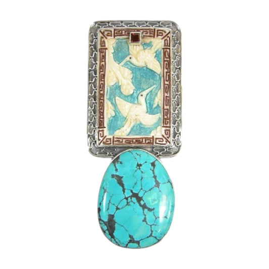 20938 Carved Bone, Garnet, Turquoise Bird Sterling Silver Pin and Pendant