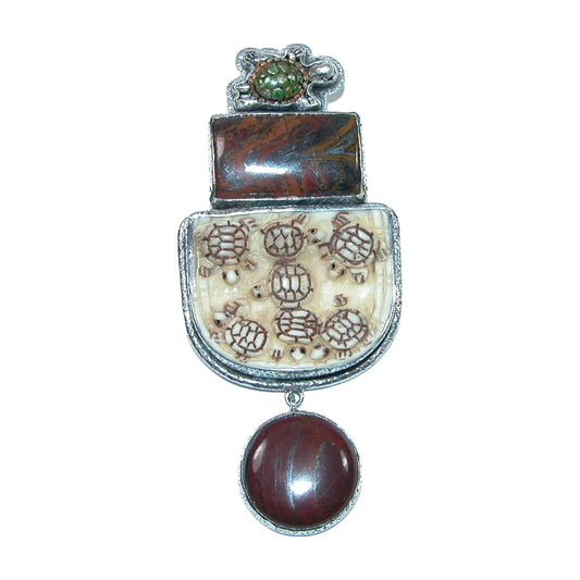 32106 Hand Carved Turtle Fossil Sterling Silver Pin and Pendant