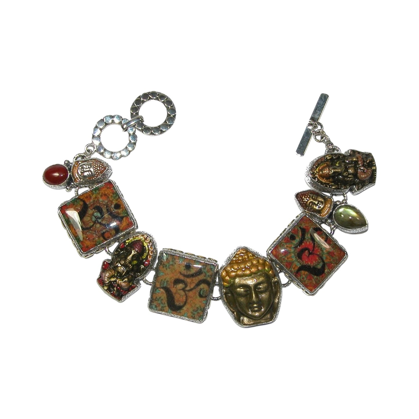Buddha Om Labradorite Coral Sterling Silver Bracelet