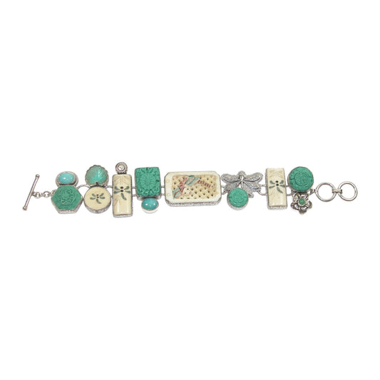 Carved Bone, Turquoise Dragonfly Sterling Silver Bracelet
