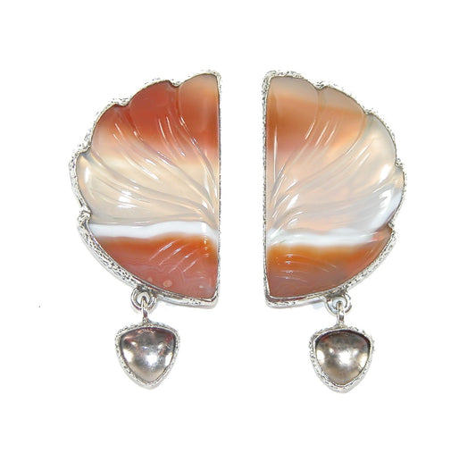 31755 Hand Carved Banded Carnelian Agate, Smokey Topaz Sterling Silver Statement Earrings