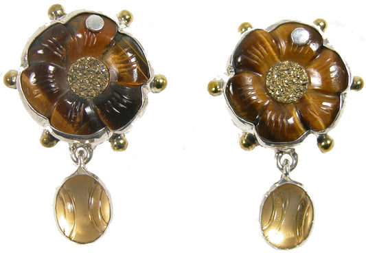Tiger Eye Flower Gold clad Drusy Agate Sterling Silver Earring