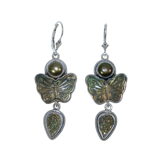31772L Carved Labradorite Butterflies with Fresh Water Pearls and Brazilian Agate Drusy Dangle Sterling Silver Earrings