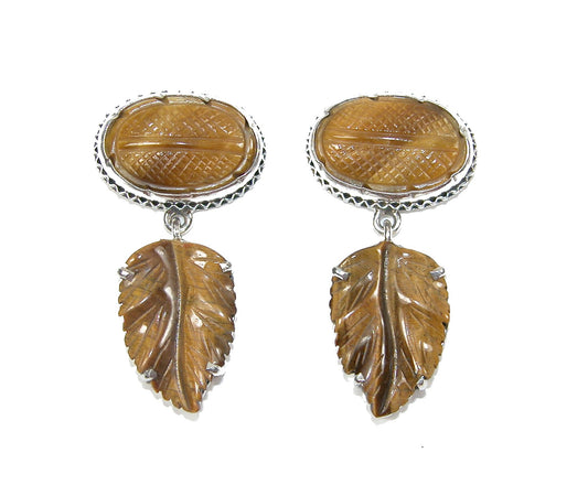 31778 Carved Leaf Tiger's Eye, Sterling Silver Earrings