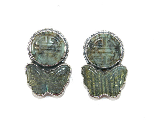 31782 Carved Labradorite Butterfly with Kiwi Jasper Sterling Silver Earring