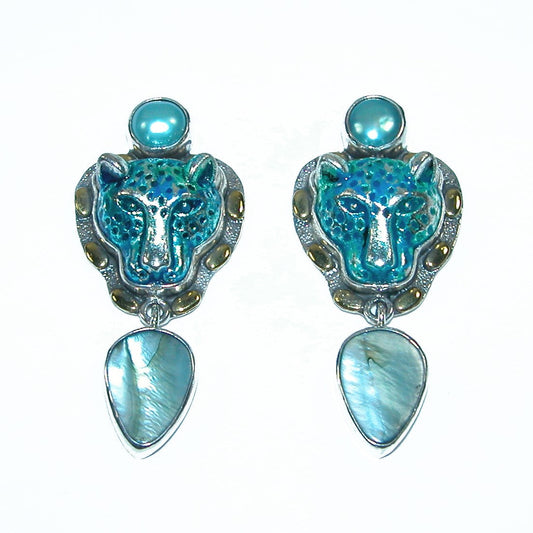 31784 Hand Enameled Tiger Freshwater Pearl Sterling Silver Earrings