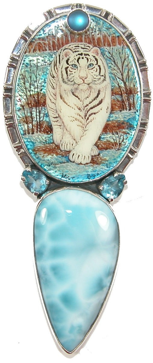 Hand Painted Snow Leopard Larimar Topaz Sterling Silver
