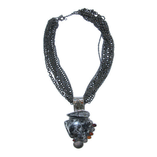 31795A Orthoceras Fossil, Garnet, Hessonite Sterling Silver Necklace