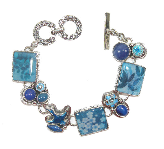 Blue Lapis, Bird Enamel Tile Sterling Silver Bracelet